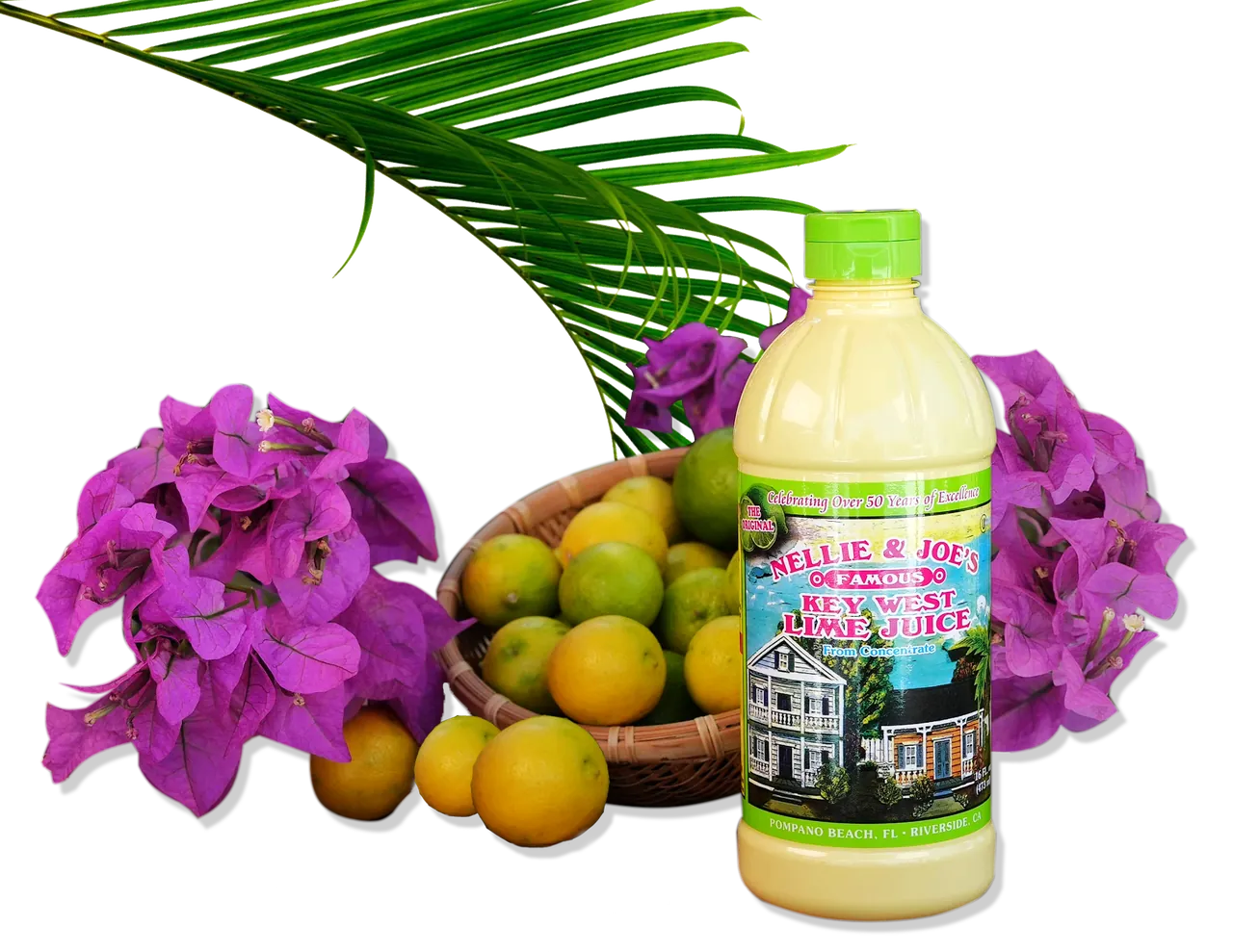 Nellie & Joe's Key West Lime Juice with fresh limes, lemons and tropical flowers