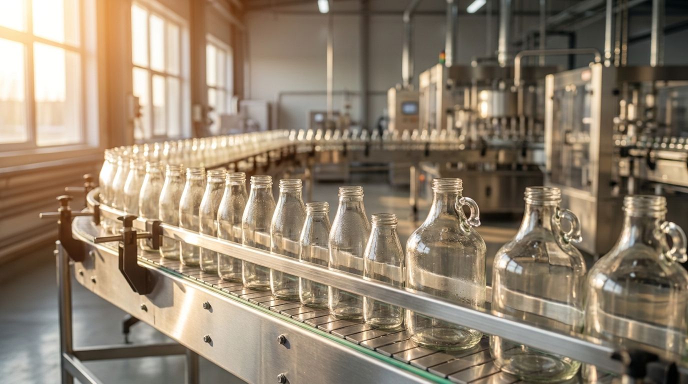 Rows of clear glass juice bottles and jugs on a stainless-steel bottling line in a modern facility