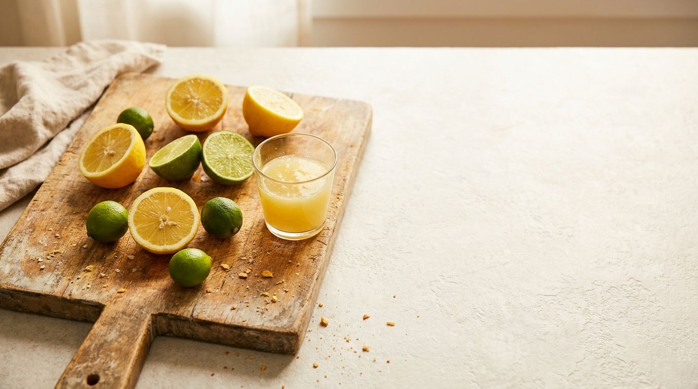 Halved fresh limes and lemons with a glass of fresh citrus juice on a wooden cutting board
